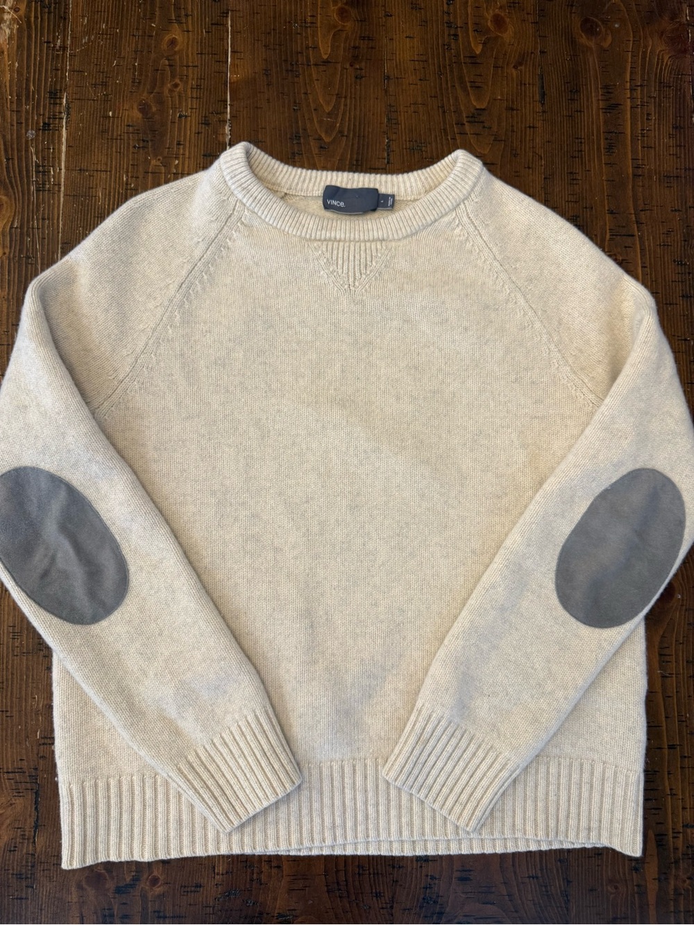 VINCE Tan Crewneck sweater wool & cashmere elbow patches sz L EUC